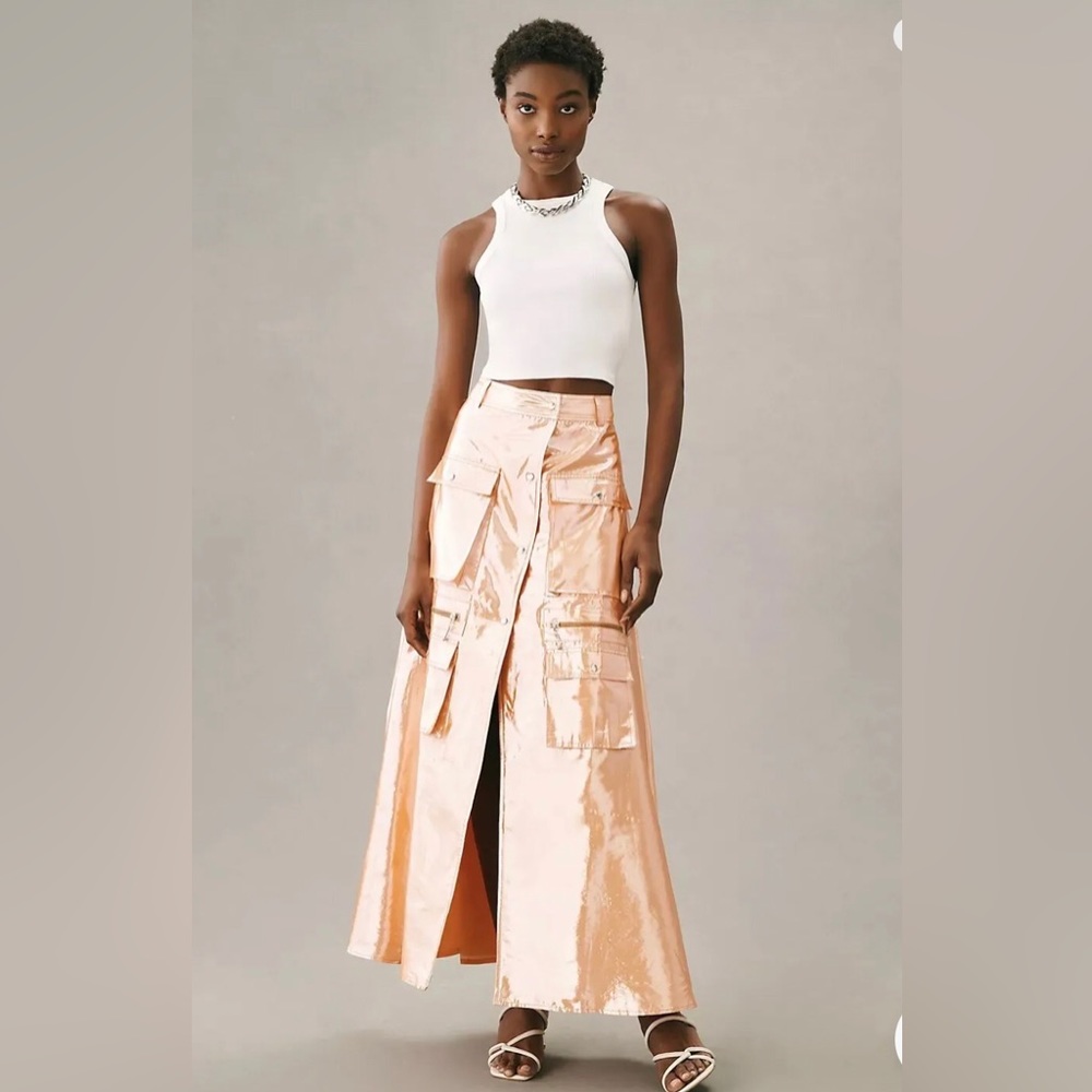 Anthropologie Let Me Be Metallic Cargo Maxi Skirt Size S. B14